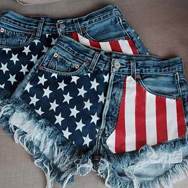 American Flag Print Denim Shorts