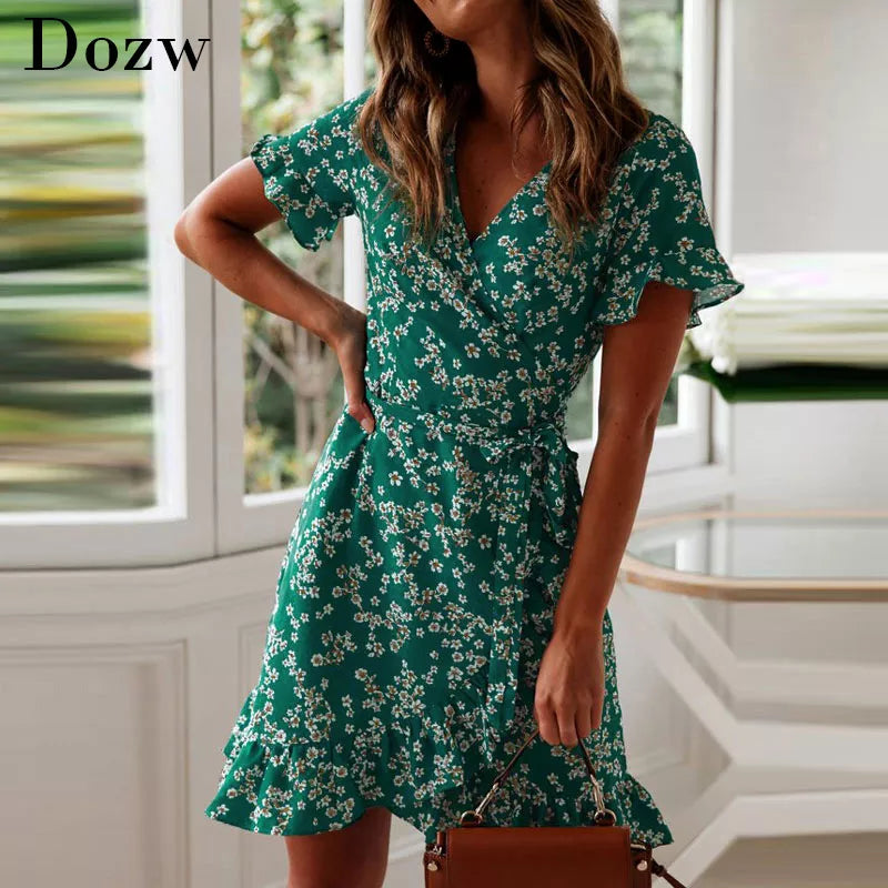 Floral Print V Neck Mini Dress with Ruffle Short Sleeves - Sexy Boho Beach Dress