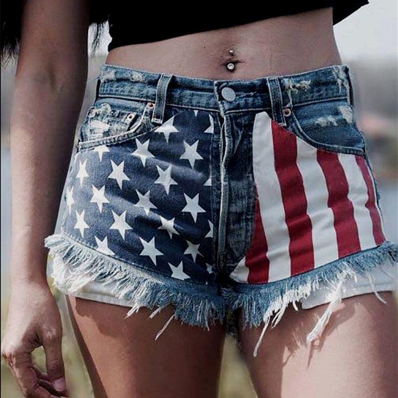 American Flag Print Denim Shorts